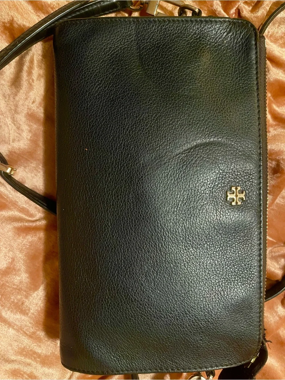 Tory Burch Black Pebbled Leather Crossbody/Clutch/Wallet Small W Detach Strap